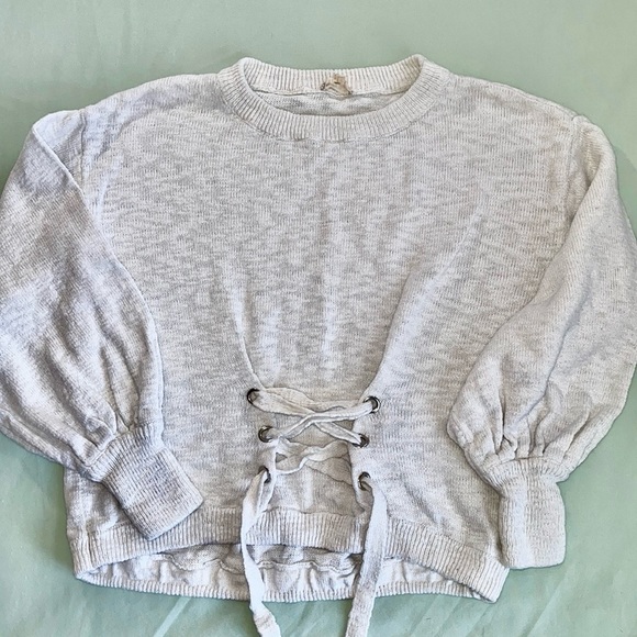 Hem and Thread white crop crew sweater with pull tie gathering at waist - Picture 1 of 13